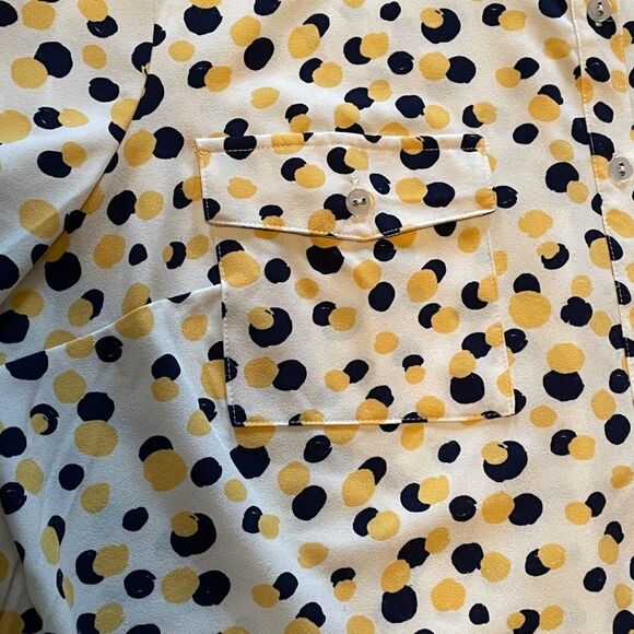 Denim & Co. Stretch Crepe Printed Dot Point Collar Shirt Navy/Yellow XL - Picture 10 of 14